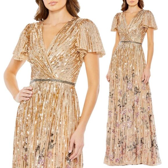 Mac Duggal 5637 Size 8 Gold Copper Floral Sequin Beaded Long Gown‎ Maxi Dress - Picture 3 of 7